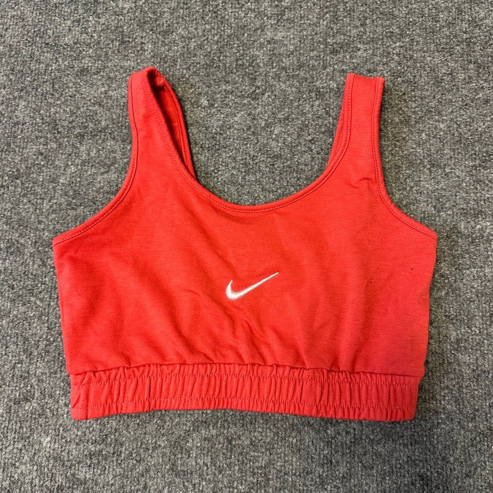 Nike Sports Bra Womens Size S Red Cotton Blend Swoosh Logo Athletic Crop Top